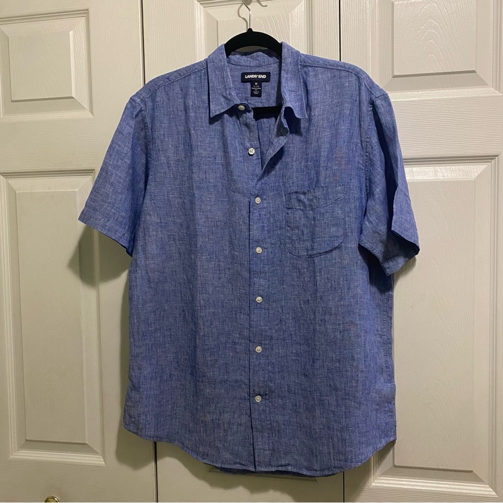 Lands' End Linen Blue Casual Button Down Shirt